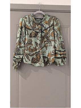Jennie & Grace Mint Paisley Boho Ruffle Blouse Women's Small Long Sleeve